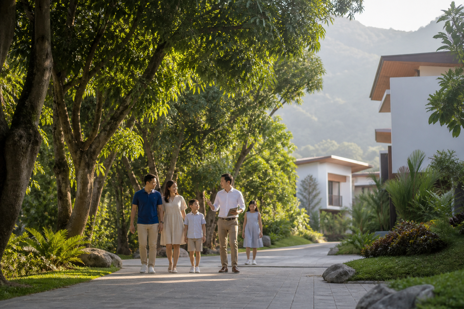 Family walking through a refined mango-tree residential setting in Batangas