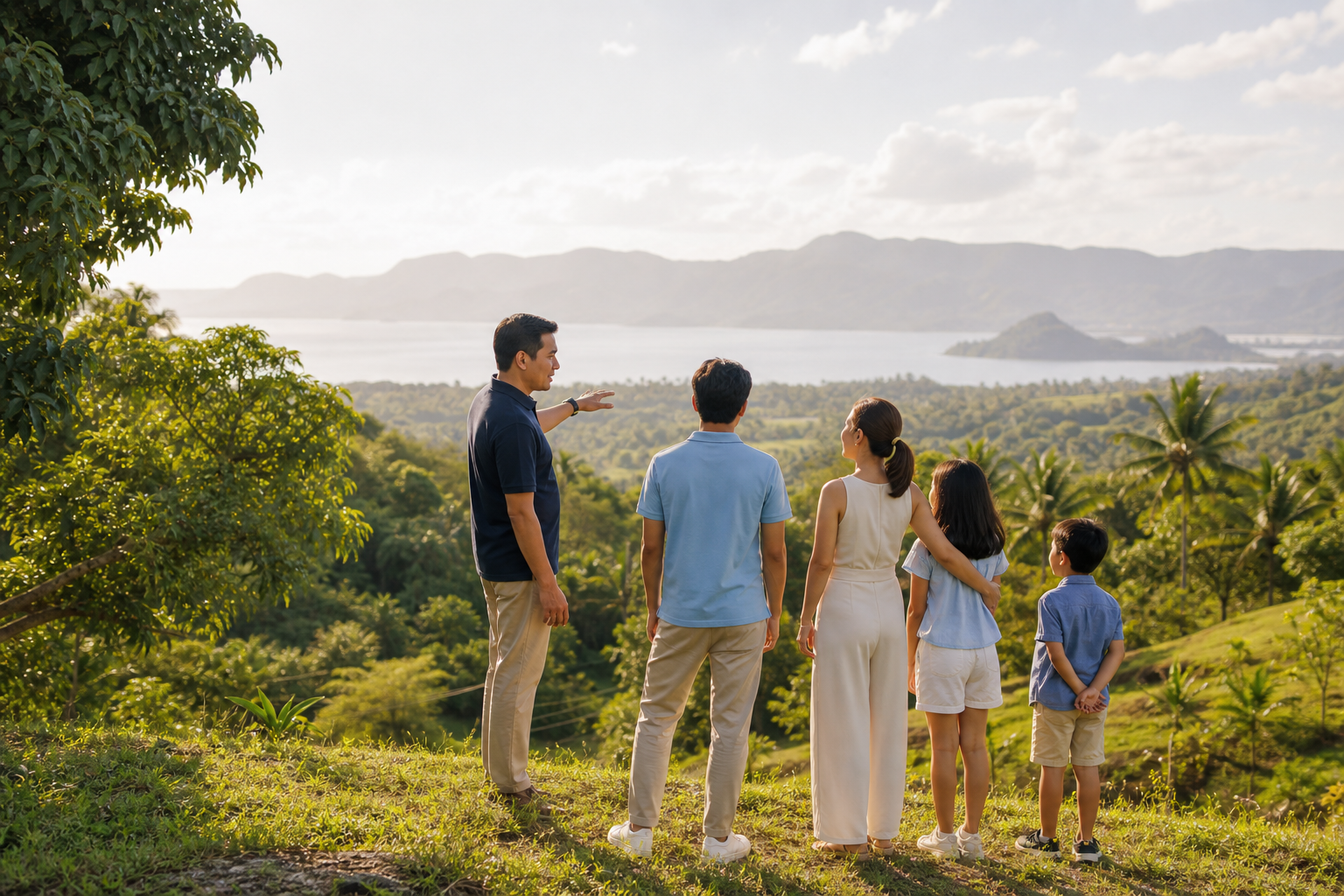 Family and property advisor viewing elevated green land with lake and mountain outlooks