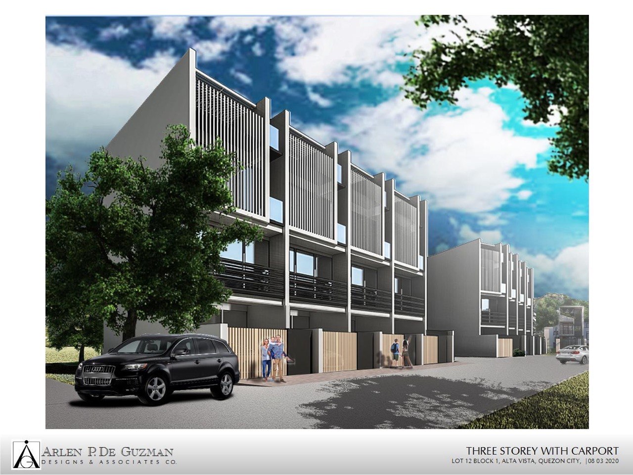 Build idea showing townhouse-style street character with carports